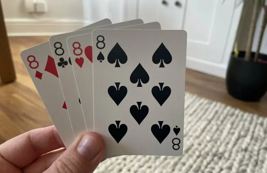 A player holding all of the 8's in a deck of cards
