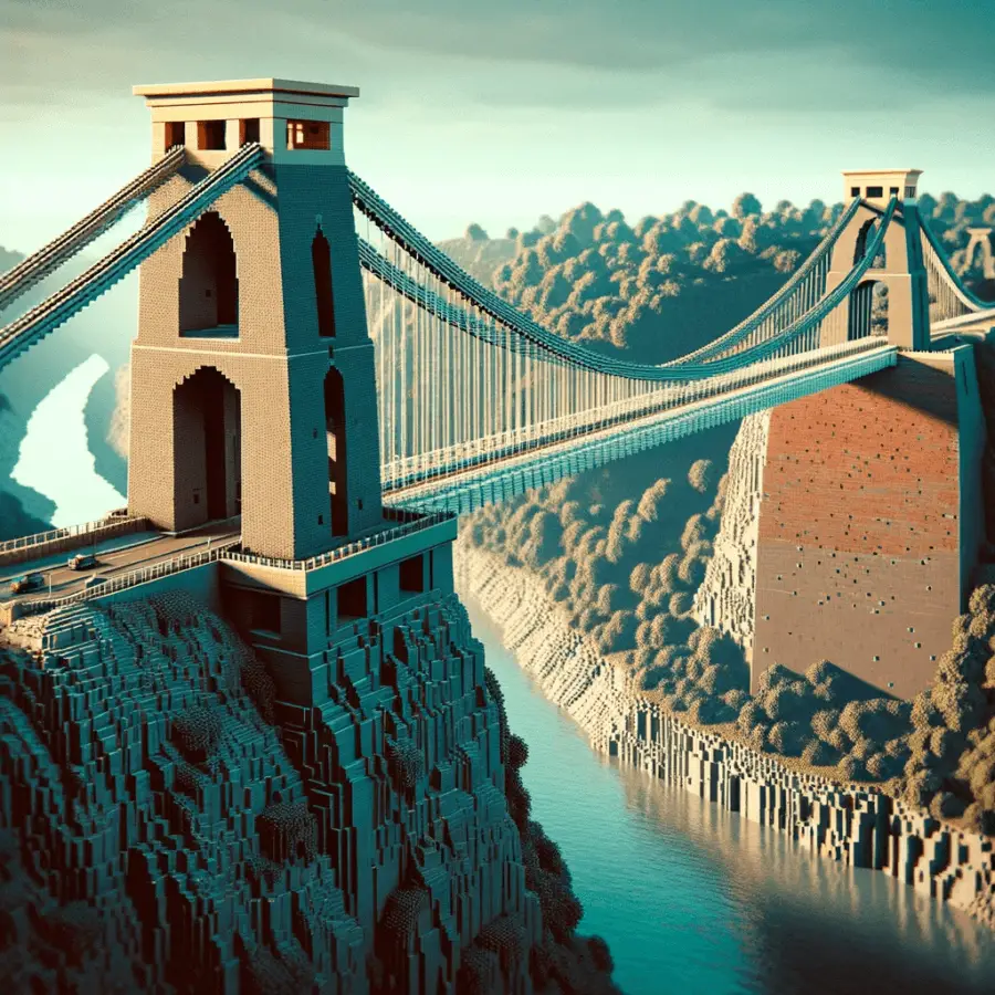 The Clifton Suspension Bridge in the style of Minecraft
