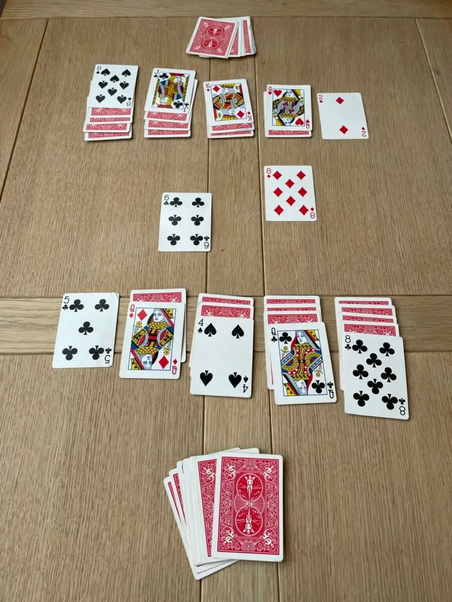 A birds-eye angle of the Spit card game setup