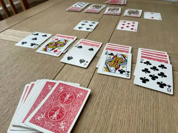 A close up angle of the Spit card game setup