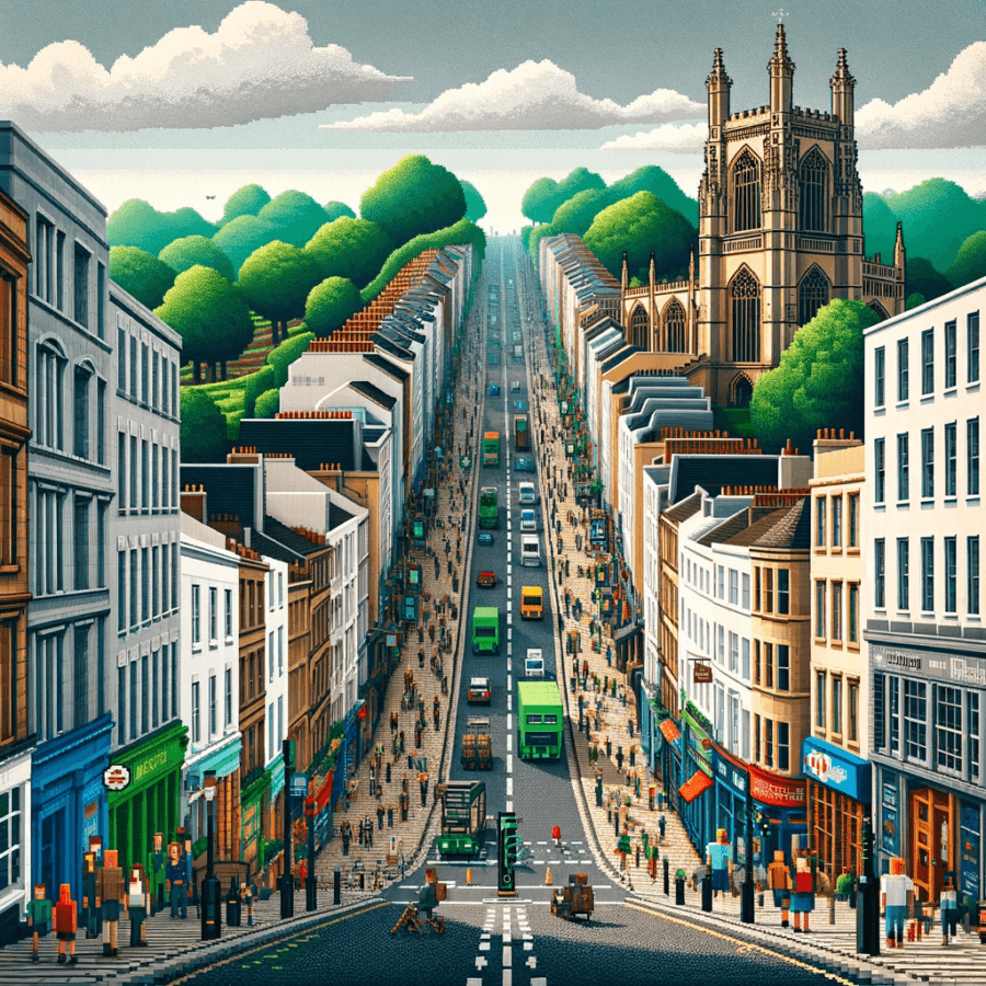 Park street, Bristol, in the style of Minecraft